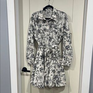 a new day Cream and Black Floral Tie-Waist Long Sleeve Shirt Dress